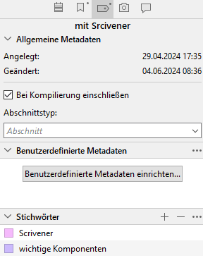 Scrivener-inspektor-Metadaten und Stichwörter zum aktuellen Dokument hinzufuegen