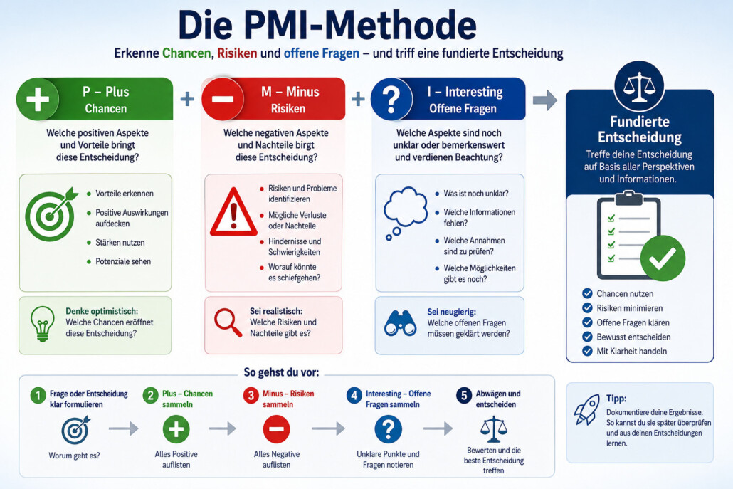 Die PIM-Methode, mit der man Chancen, Risiken und offene Fragen erkennen und so eine fundierte Entscheidung treffen kann